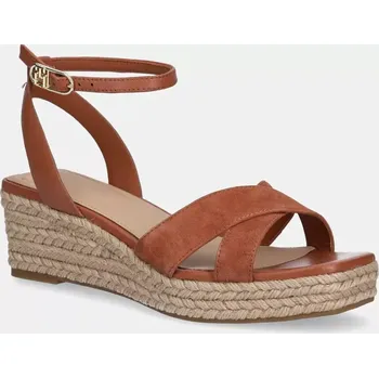 Dámské sandále Kožené sandály Tommy Hilfiger LEATHER & SUEDE MID WEDGE ESPAD hnědá barva, FW0FW08804 88X, EUR 40