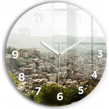Hodiny Moderní skleněné hodiny s grafikou na zeď Barcelona pohled na Montjuic průměr 30 cm