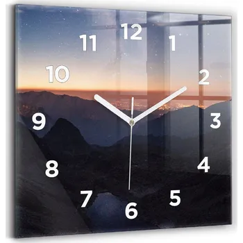 Hodiny Skleněné nástěnné hodiny do obýváku s motivem hor při západu slunce 30x30 cm