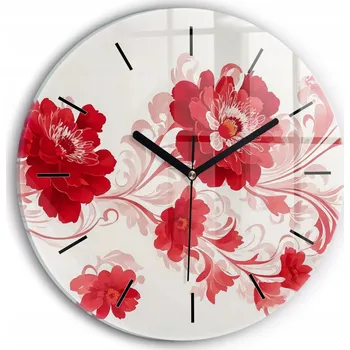Hodiny Foto Skleněné Hodiny Nástěnné Do Moderních Interiérů Červené květiny průměr 30 cm