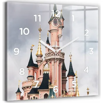 Hodiny Skleněné nástěnné hodiny do kanceláře s grafikou Zámek Disneyland v Paříži 30x30 cm