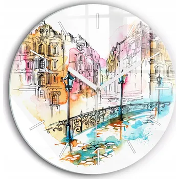 Hodiny Skleněné Čtvercové Nástěnné Hodiny s S Potiskem Malovaná architektura fi60 cm