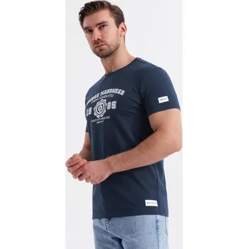 Pánské tričko Pánské bavlněné tričko s potiskem ve studentském stylu - tmavě modré V3 OM-TSPT-0137 - S