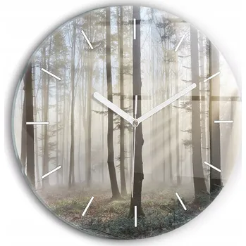 Hodiny Skleněné moderní foto hodiny nástěnné s plynoucími ručičkami Les v mlze průměr 30 cm