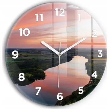 Hodiny Moderní skleněné hodiny s grafikou na zeď Výhled na jezero kulatý průměr 30 cm