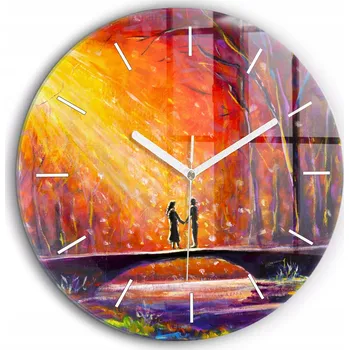 Hodiny Skleněné nástěnné hodiny do kanceláře se stylovým potiskem Pár v lese průměr 60 cm