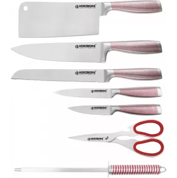 Kuchyňský nůž Herzberg 8dílná sada nožů z nerezové oceli s akrylovým stojánkem- Červená