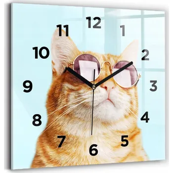 Hodiny Čtvercové Skleněné Nástěnné Hodiny do Kanceláře Legrační Kočka v Brýlích 30x30 cm