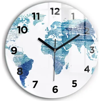 Hodiny Čtvercové Skleněné Nástěnné Hodiny se Stylovým Potiskem Mapa světa fi60 cm