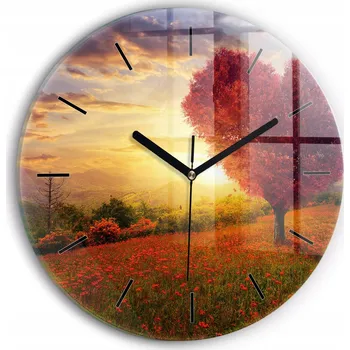 Hodiny Moderní skleněné nástěnné hodiny s potiskem Strom lásky - srdce průměr 30 cm