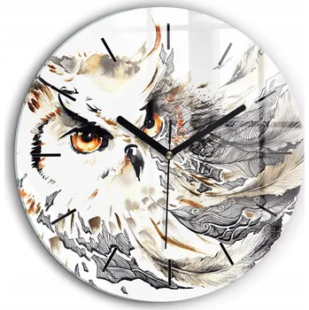Hodiny Skleněné nástěnné hodiny Sova symbol moudrosti kulatý černé ručičky průměr 60 cm