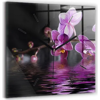 Hodiny Skleněné nástěnné hodiny do kanceláře se vzorem květu orchideje na vodě 30x30 cm