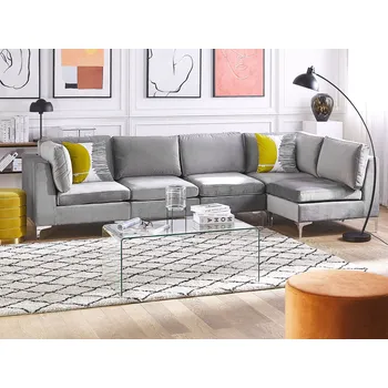 Pohovka Pohovka rohová modulární levostranná šedá sametová 5místná, kovové nohy ve stylu glamour Beliani