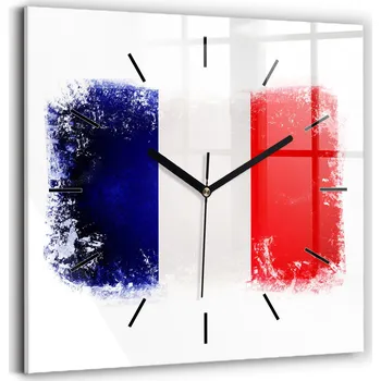 Hodiny Čtvercové Skleněné Nástěnné Hodiny do Kanceláře s Grafikou Francouzské Vlajky 30x30 cm