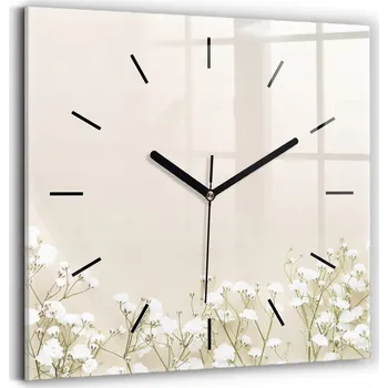 Hodiny Nástěnné Čtvercové Skleněné Hodiny do Kanceláře Kvetoucí sádrové květiny 30x30 cm