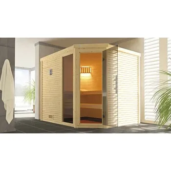 Sauna Bio sauna z masivního dřeva Weka Cubilis 3 rohová GTFO vč. 7,5kW bio kamen a digitálního ovládání s okny a grafitově šedými celoskleněnými dveřmi