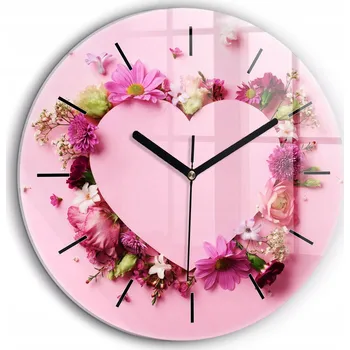 Hodiny Skleněné foto hodiny na zeď Srdce s květinami kulatý černé ručičky průměr 60 cm