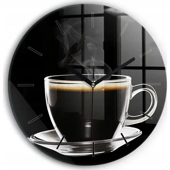 Hodiny Skleněné moderní foto hodiny na zeď s plynulým chodem ručiček Černá káva průměr 30 cm