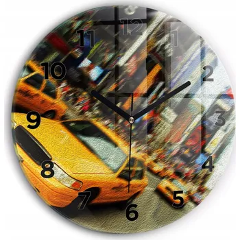 Hodiny Moderní skleněné nástěnné hodiny s potiskem New York City taxi, průměr 30 cm