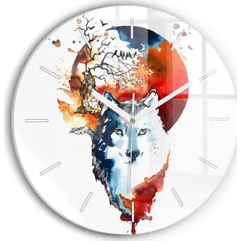 Hodiny Moderní skleněné nástěnné hodiny s potiskem Vlk a Úplněk kulatý průměr 30 cm