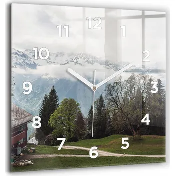 Hodiny Čtvercové Skleněné Nástěnné Hodiny do Kanceláře s Motivem Výhled na Hory 60x60 cm