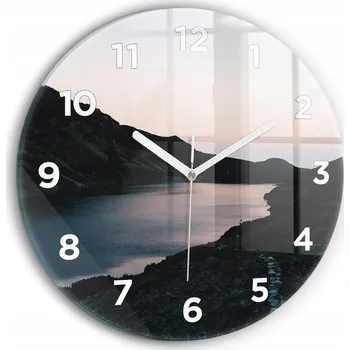 Hodiny Minimalistické Kulatý Skleněné Foto Hodiny na Zeď Jezero a hory průměr 30 cm