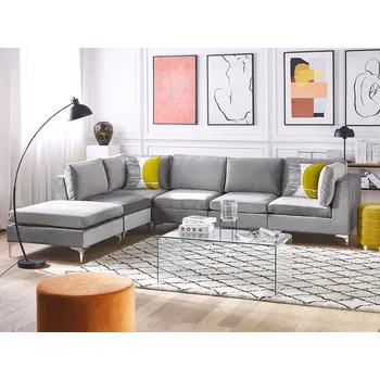 Pohovka Pohovka rohová s taburetem modulární pravostranná šedá sametová 5místná, kovové nohy ve stylu glamour Beliani