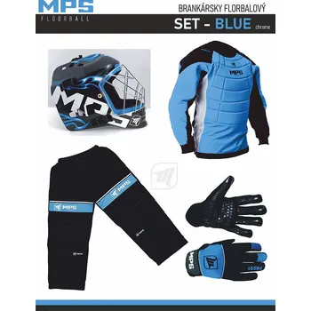Florbalový dres MPS Blue brankářský set + maska Pro Flame - Blue/Chrome + Florbalové rukavice MPS vel. M