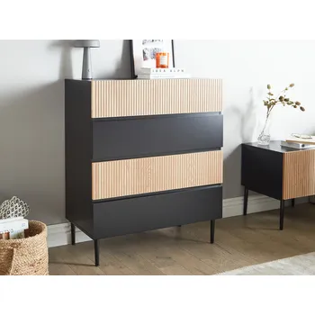 Komoda Komoda se 4 zásuvkami černá a přírodní jasan MDF světlé dřevo žebrovaný design moderní obývací pokoj ložnice Beliani