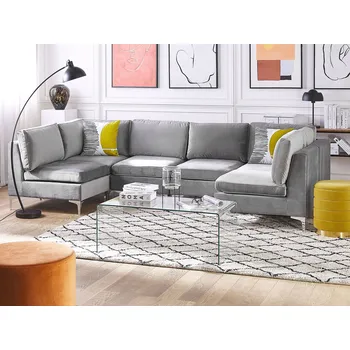 Pohovka Šedá sametová modulární pohovka, 6místný oboustranný roh ve tvaru písmene U, kovové nohy Beliani