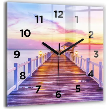 Hodiny Čtvercové skleněné nástěnné hodiny s motivem Most v přístavu večer 60x60 cm
