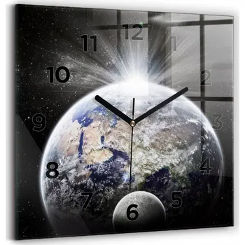 Hodiny Čtvercové Skleněné Nástěnné Hodiny do Obýváku Země Měsíc Slunce 30x30 cm