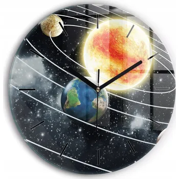 Hodiny Moderní skleněné hodiny s grafikou na zeď Sluneční soustava kulatý průměr 30 cm