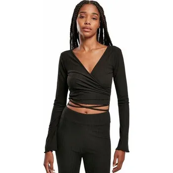Urban Classics Dámské crop top zavinovací tričko s dlouhým rukávem Barva: Černá, Velikost: XXL