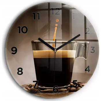 Hodiny Skleněné nástěnné hodiny do moderního interiéru s motivem šálku kávy fi60 cm