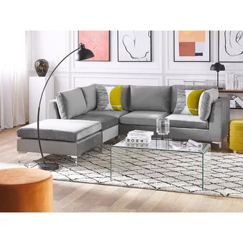 Pohovka Rohová modulární 4místná sedací pohovka s taburetem, šedá sametová, kovové nohy v půvabném stylu Beliani