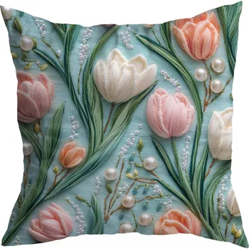 Povlak na dekorativní polštářek DEKORAČNÍ JARNÍ POVLAK 45X45 CM JARNÍ KVĚTINY TULIPÁNY VZOR 394