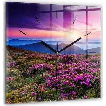 Hodiny Velké Skleněné Hodiny Moderní Nástěnné Východ slunce a květiny 60x60