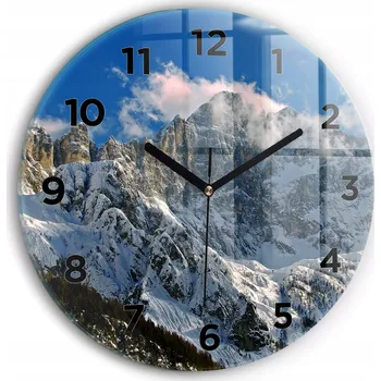 Hodiny Moderní skleněné nástěnné hodiny Hory pod modrou oblohou kulatý průměr 30 cm