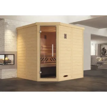 Sauna Bio sauna z masivního dřeva Weka Kemi rohová GT vel.1 vč. 7,5kW bio kamen a digitálního ovládání a grafitově šedými celoskleněnými dveřmi