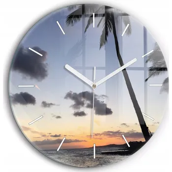 Hodiny Skleněné nástěnné hodiny Palma a východ slunce, bílé ručičky, kulatý, průměr 60 cm