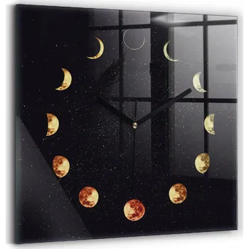 Hodiny Čtvercové Skleněné Nástěnné Hodiny do Obýváku s Grafikou Fází Měsíce 30x30 cm