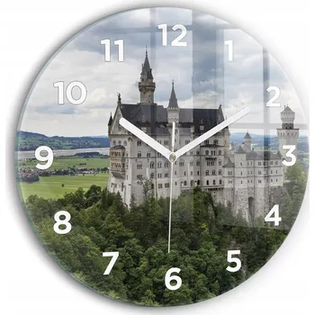 Hodiny Moderní skleněné nástěnné hodiny s potiskem Zámek Neuschwanstein průměr 30 cm
