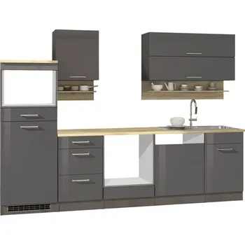 Kuchyňská linka Kuchyňský blok Held Möbel Mailand 280 cm barva čela šedá vysoce lesklé barva korpusu grafit matný