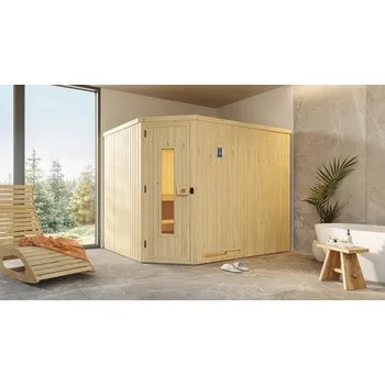 Sauna Bio sauna z masivního dřeva Weka Varberg rohová HT vč. 7,5kW bio kamen a digitálního ovládání bez okna s dřevěnými dveřmi s tepelně izolačním sklem
