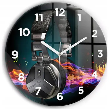 Hodiny Kulatý Skleněné Nástěnné Hodiny do Obýváku Sluchátka a zvukové vlny průměr 60 cm