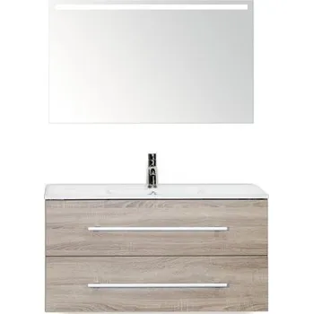 Koupelnový nábytek Koupelnový nábytkový set Stretto 100 cm s keramickým umyvadlem dub šedý s LED zrcadlem s LED osvětlením