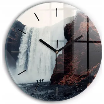 Hodiny Skleněné nástěnné hodiny do kanceláře s grafikou: Vodopád Island, průměr 30 cm