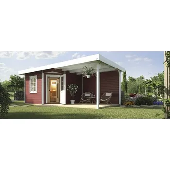 Sauna Venkovní sauna Weka Salo 2 vč. 7,5kW kamen a digitálního ovládání s předsíňkou a dřevěnými dveřmi z tepelně izolačního skla červená/bílá