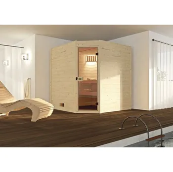 Sauna Finská sauna z masivního dřeva Weka Valida rohová vel.2 vč. 9kW kamen a integrované ovládání s celoskleněnými dveřmi z čirého skla